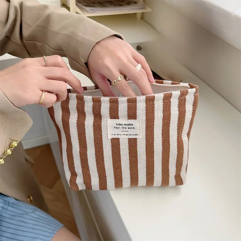 Olive | Striped Cosmetic Makeup Travel Bag