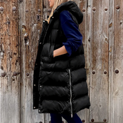 Nikki Bodywarmer | Trendy quilted long body warmer for women with hood for spring