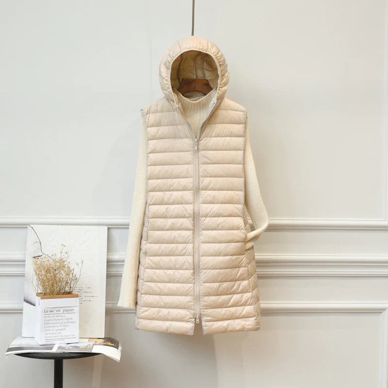 Fiona Long Bodywarmer | Comfortable warm mid-length jacket with hood