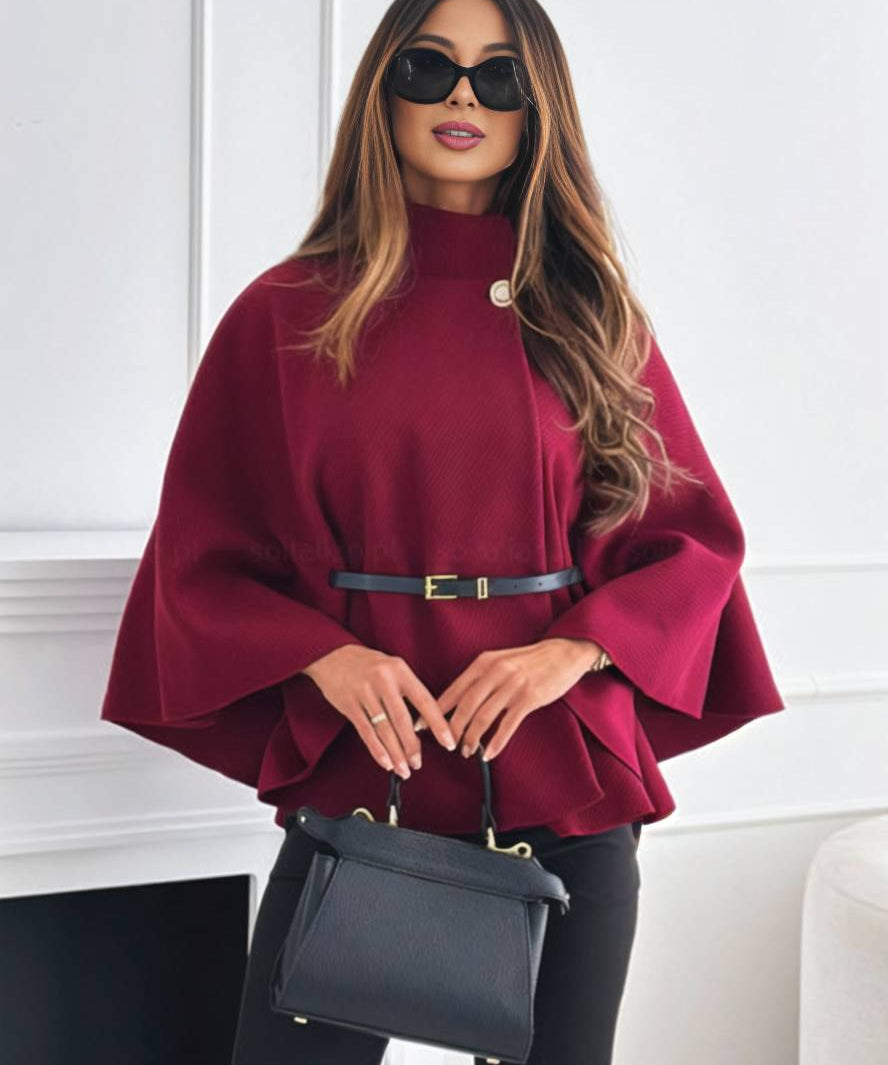 Lara |  Short Red poncho coat with batwing sleeves, elegant and casual for women