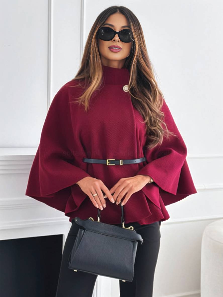 Lara |  Short Red poncho coat with batwing sleeves, elegant and casual for women