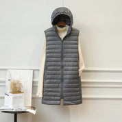 Fiona Long Bodywarmer | Comfortable warm mid-length jacket with hood