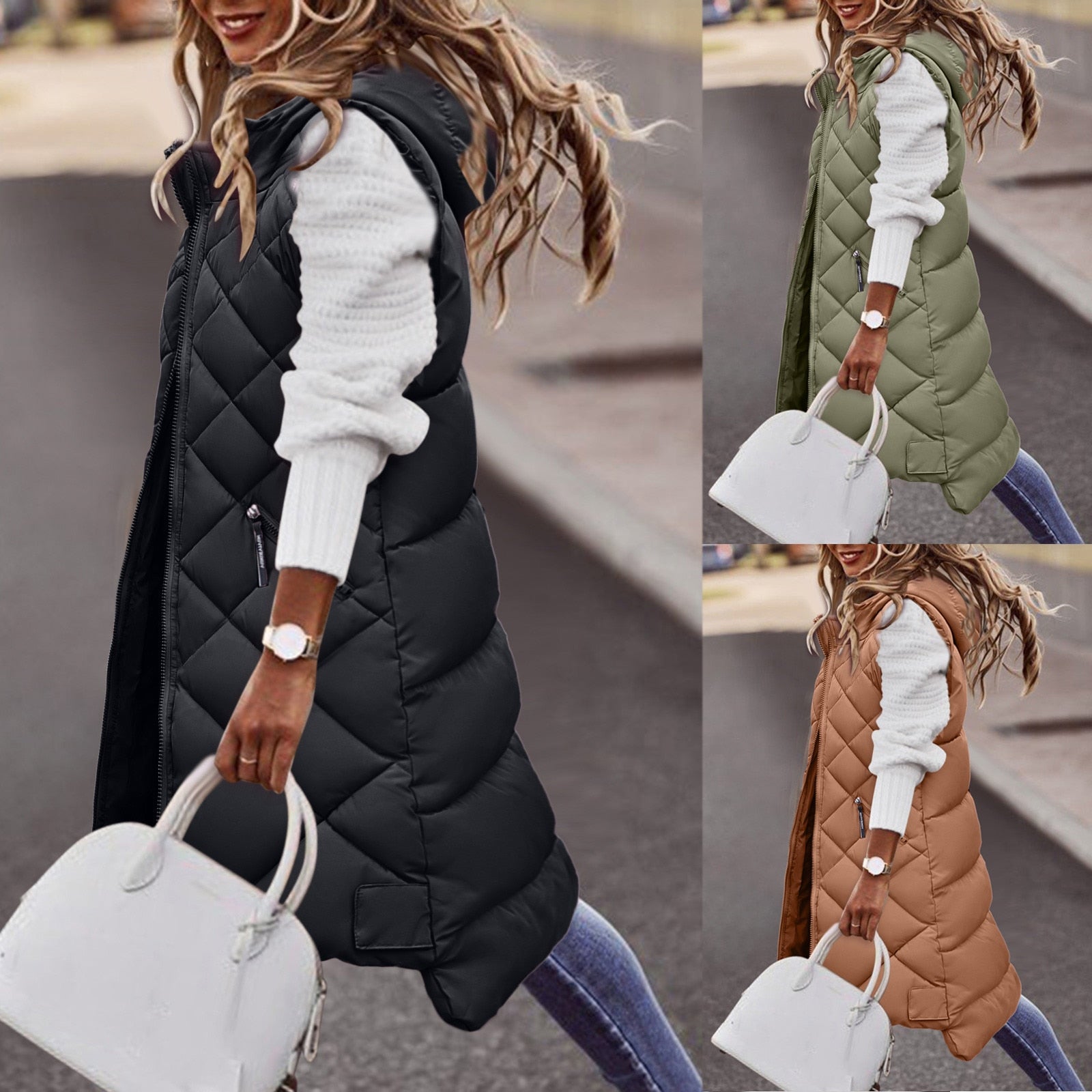 Loavies bodywarmer | Long puffer style bodywarmer with hood for women