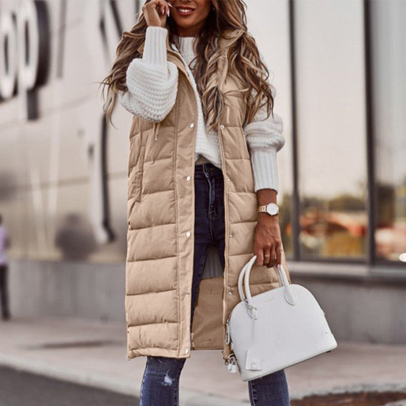 Vogae Bodywarmer | Trendy long sleeveless puffer jacket with hood for women