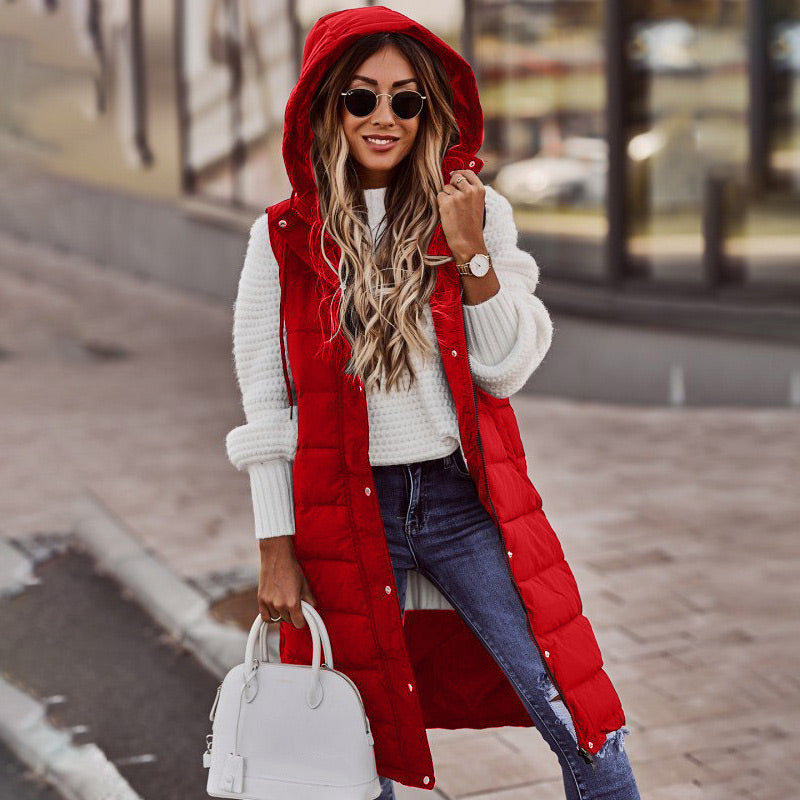 Vogae Bodywarmer | Trendy long sleeveless puffer jacket with hood for women