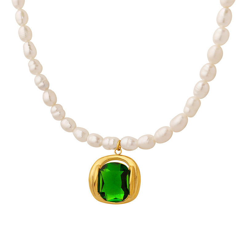 LAYLA | Green Zircon Pendant Pearl Necklace