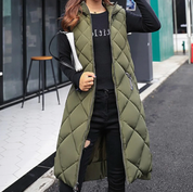 Loavies bodywarmer | Long puffer style bodywarmer with hood for women