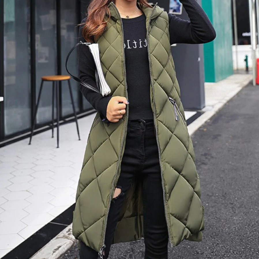 Loavies bodywarmer | Long puffer style bodywarmer with hood for women