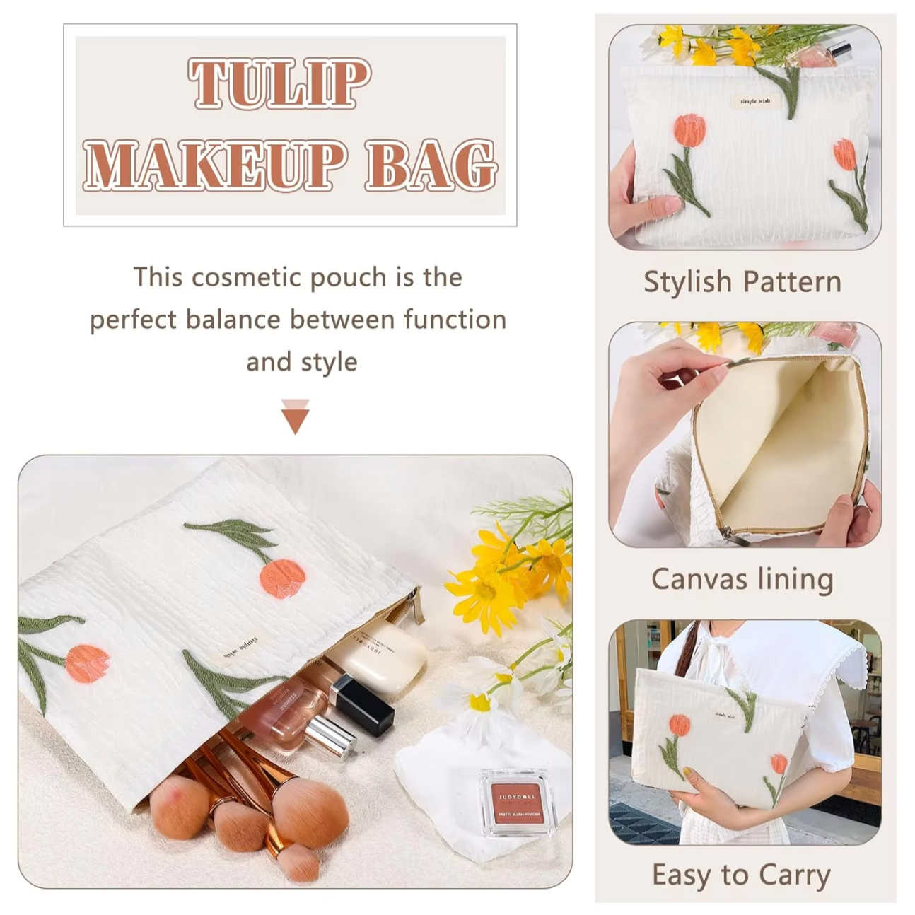 Nataly | Tulip Flowers Quilted Canvas Cosmetic Makeup Bag