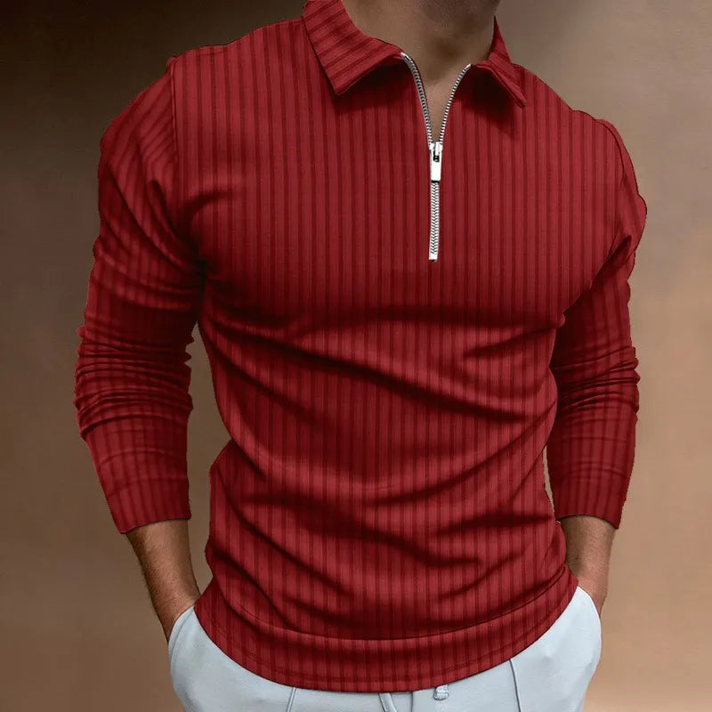 NEAL | Solid Color Ribbed Long Sleeve Polo Shirt