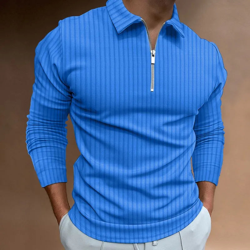 NEAL | Solid Color Ribbed Long Sleeve Polo Shirt