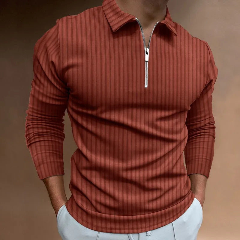 NEAL | Solid Color Ribbed Long Sleeve Polo Shirt