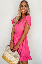 Pleated Sleeve V-Neck Smock Dress with Ruffles