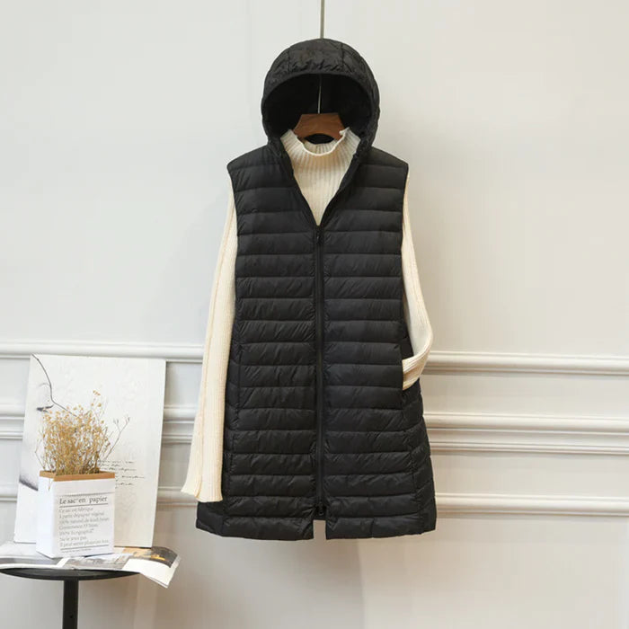 Fiona Long Bodywarmer | Comfortable warm mid-length jacket with hood